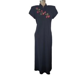 Vintage black Asian style maxi dress with floral embroidery size medium